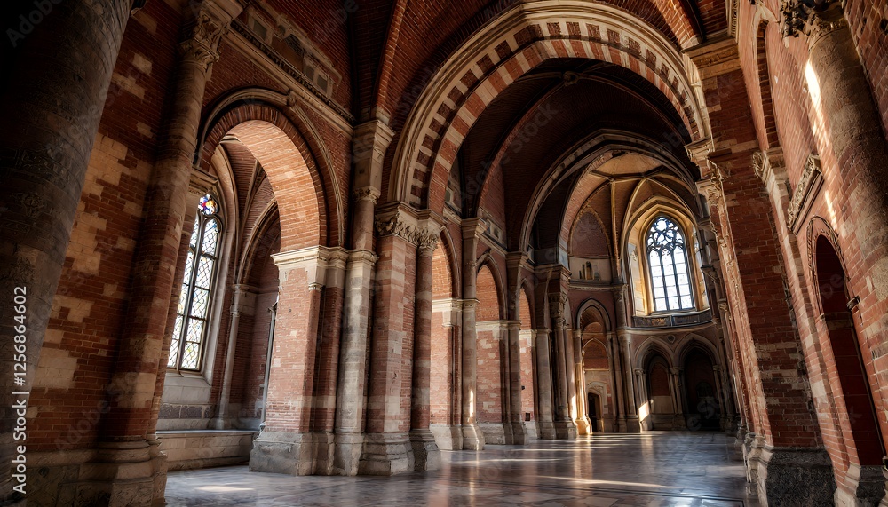 Brick interior image of a cathedral showcasing its architectural details with brick background. Daylight streams through large windows, casting long shadows. The lighting style evokes a sense of Brick interior image of a cathedral showcasing its architectural details with brick background. Daylight streams through large windows, casting long shadows. The lighting style evokes a sense of