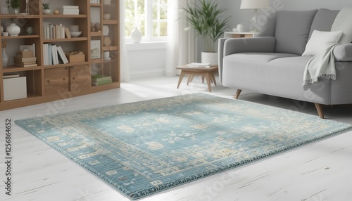Light Blue Area Rug in Modern Living Room with Gray Sofa and Wooden Bookcase