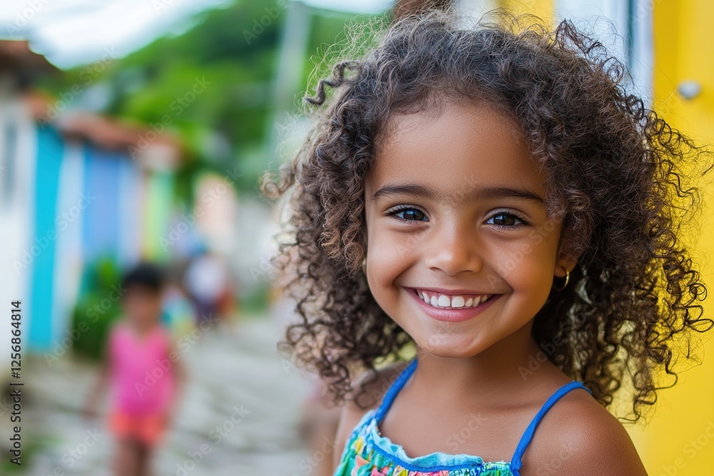 Happy Child Smiles Brightly Outdoors, Joyful Expression, Curly Hair, Child's Play, Radiant, Positive Energy, Youthful, Carefree Happy Child Smiles Brightly Outdoors, Joyful Expression, Curly Hair, Child's Play, Radiant, Positive Energy, Youthful, Carefree