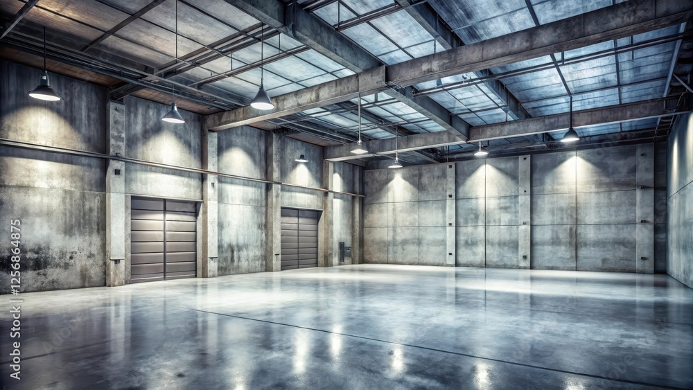 An isolated and atmospheric view of an industrial-style room with exposed concrete, metal accents An isolated and atmospheric view of an industrial-style room with exposed concrete, metal accents