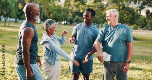 Personal trainer, high five and support with old people in park for mobility training, health or workout team. Friends, success and fitness coach with senior men and woman in nature for exercise goal