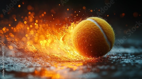 Tennis Ball in Motion Creating an Explosion of Sparks and Water Drops. Generative AI photo