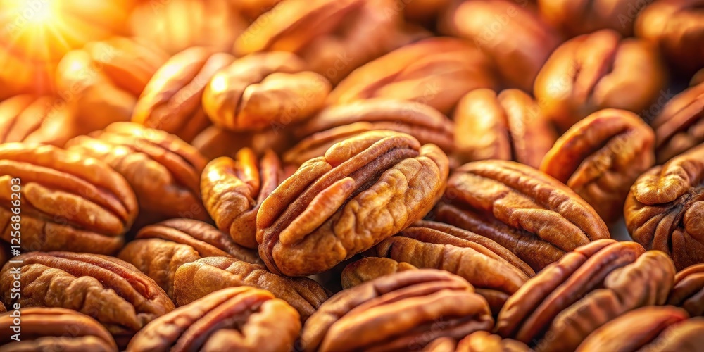 Close-up view of pecan nuts with a warm golden light illuminating their intricate details and textures , healthy, brown, healthy Close-up view of pecan nuts with a warm golden light illuminating their intricate details and textures , healthy, brown, healthy