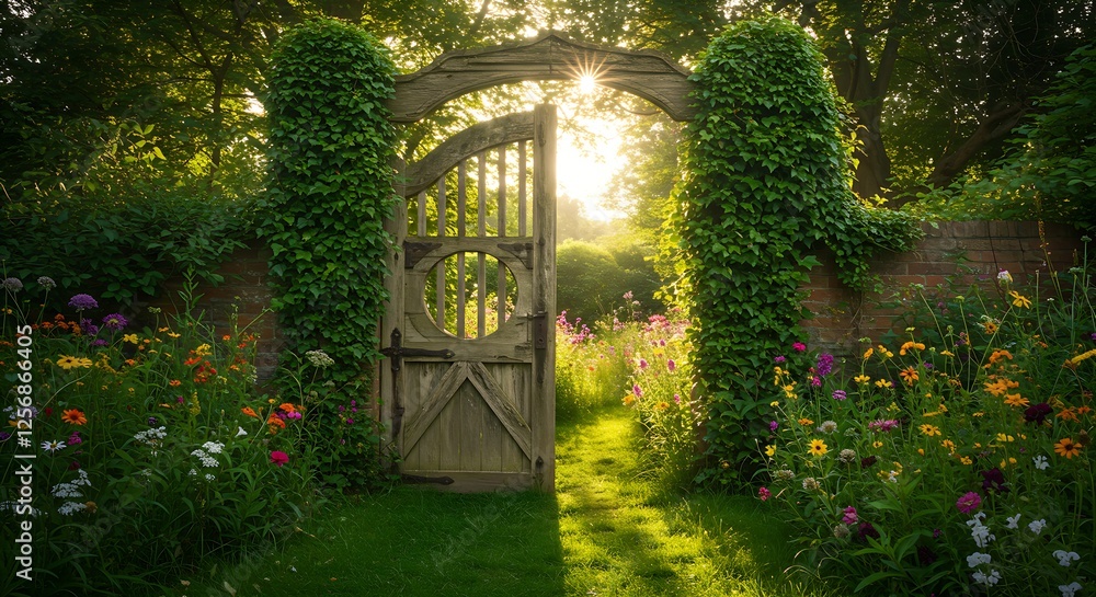 Naklejka premium A mysterious wooden gate covered in ivy leads to a secret garden filled with wildflowers.