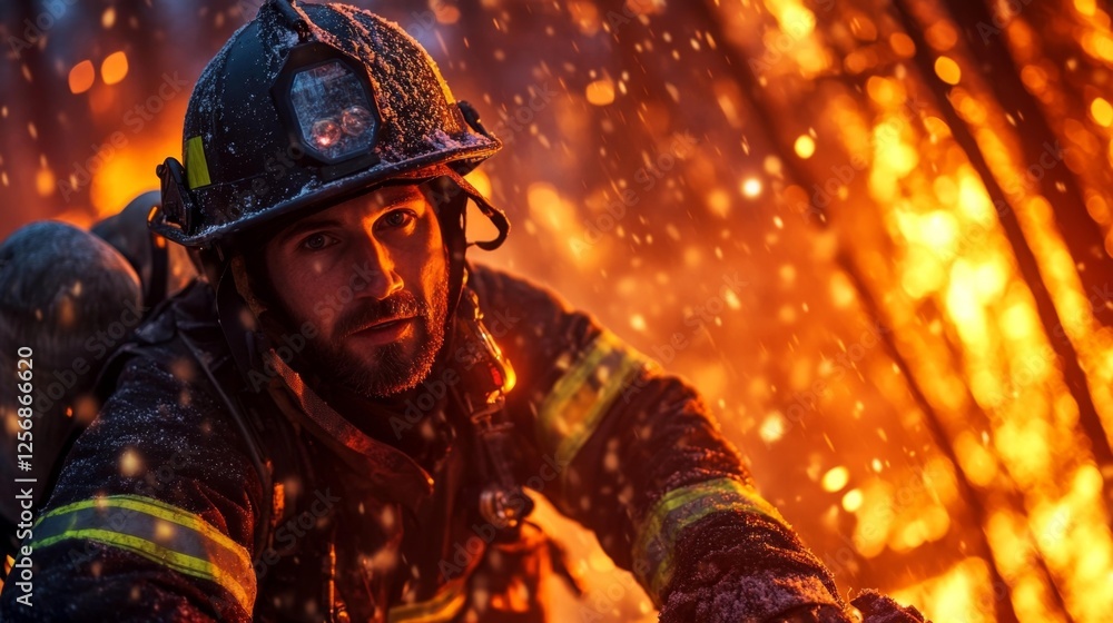 Firefighter battling wildfire in dangerous conditions with intense flames around him. Generative AI Firefighter battling wildfire in dangerous conditions with intense flames around him. Generative AI