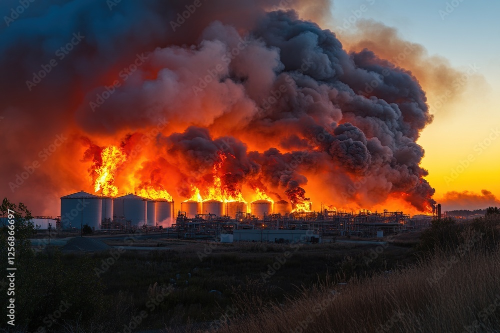 Massive Industrial Fire Engulfs Complex at Sunset, Generating Huge Smoke Plume and Intense Flames Massive Industrial Fire Engulfs Complex at Sunset, Generating Huge Smoke Plume and Intense Flames