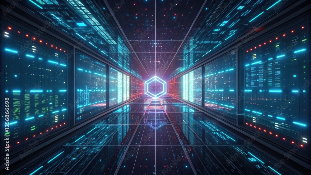 Futuristic digital corridor with neon lights. Futuristic digital corridor with neon lights.