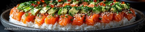 Fresh and colorful salmon sushi with avocado rice and toppings in a beautiful presentation. Generative AI photo