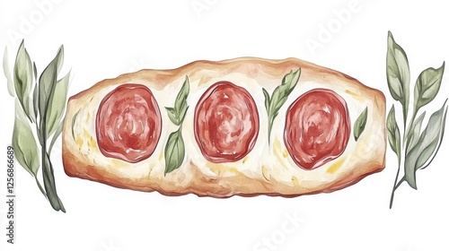 Hand-drawn Pepperoni Pizza with Fresh Herbs and Basil. Generative AI photo