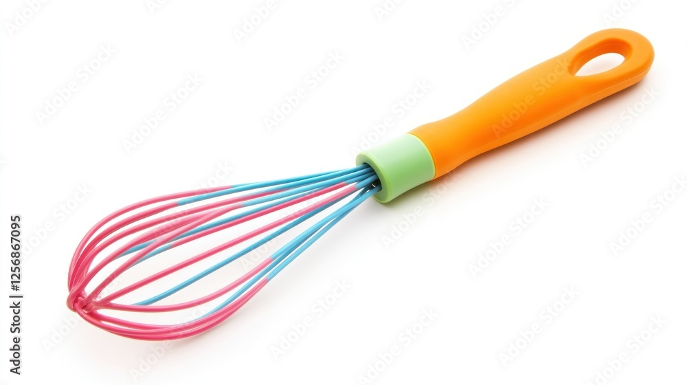 Colorful whisk, kitchen utensil, baking tool, white background, cooking prep Colorful whisk, kitchen utensil, baking tool, white background, cooking prep