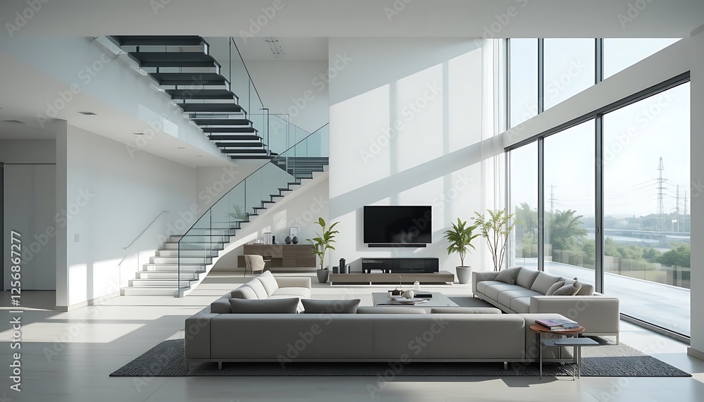 Modern Minimalist Living Room with Stunning Glass Staircase and Floor-to-Ceiling Windows