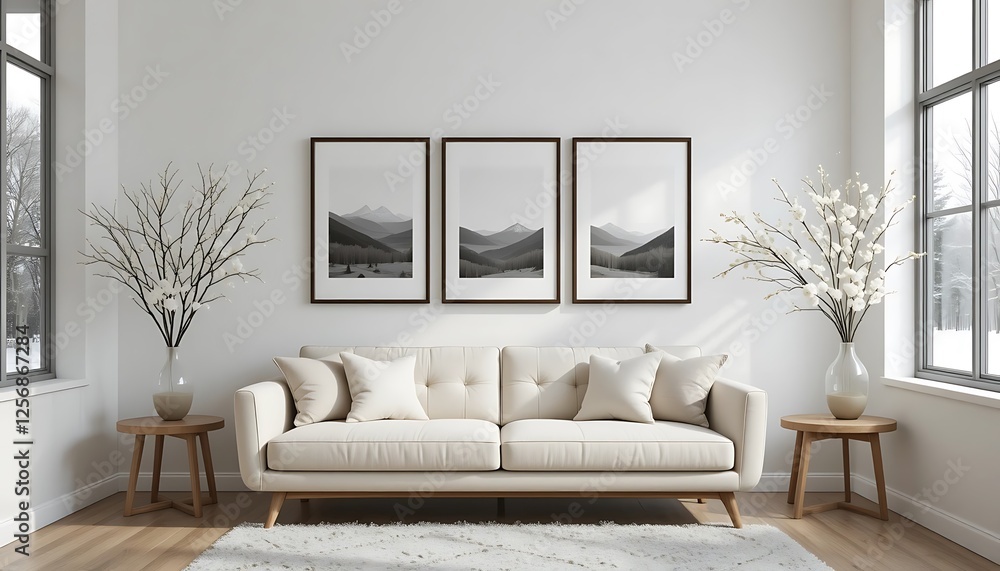 Modern minimalist living room with beige sofa, three framed mountain landscape prints, and white flower arrangements on side tables