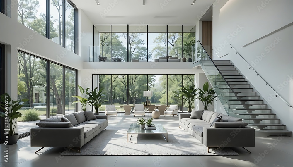 Modern Luxury Home Interior Design with Glass Staircase and Open Floor Plan