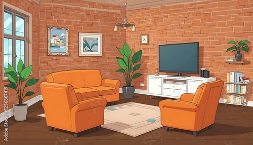 Obraz na płótnie Cartoon illustration of a cozy living room with orange furniture, brick walls, and a large TV screen. w salonie