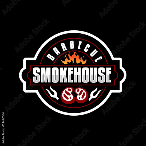 Barbecue smokehouse logo with fire and fork for bar and grill