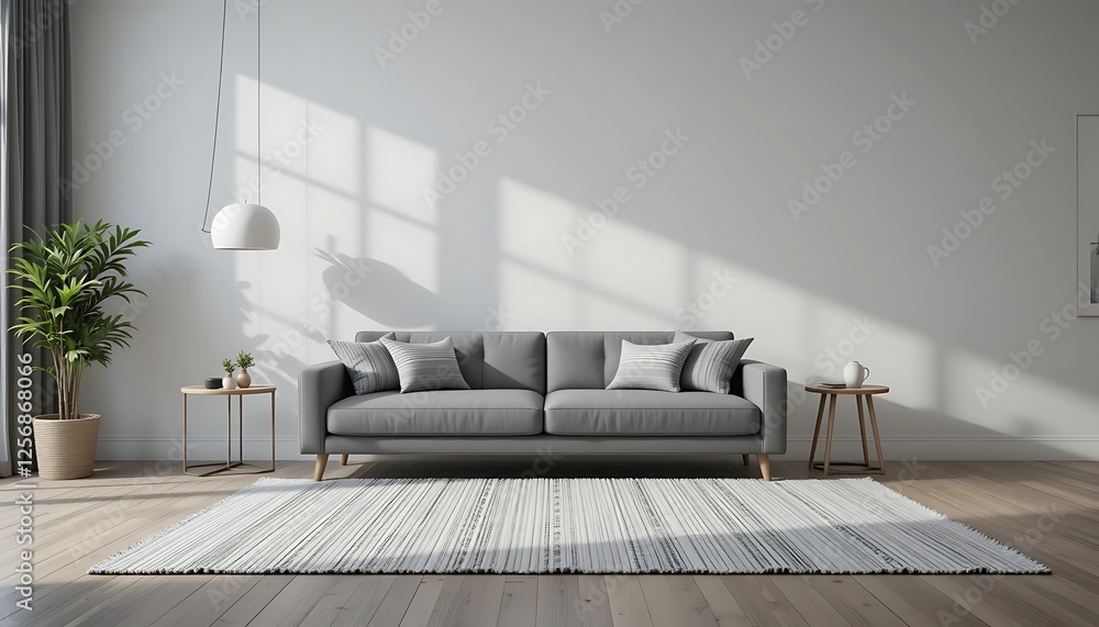 Modern minimalist living room interior design with grey sofa, rug, and side tables