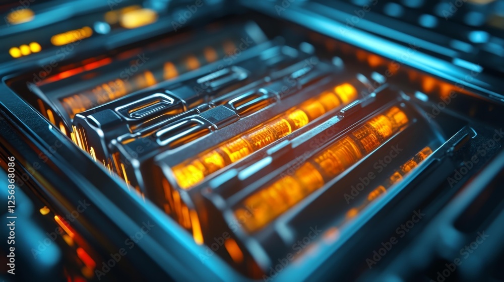 Futuristic Technology with Glowing Power Cells in a Dark High-Tech Environment. Generative AI