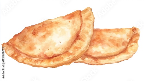Watercolor Painting of Crispy Fried Empanadas on White Background. Generative AI