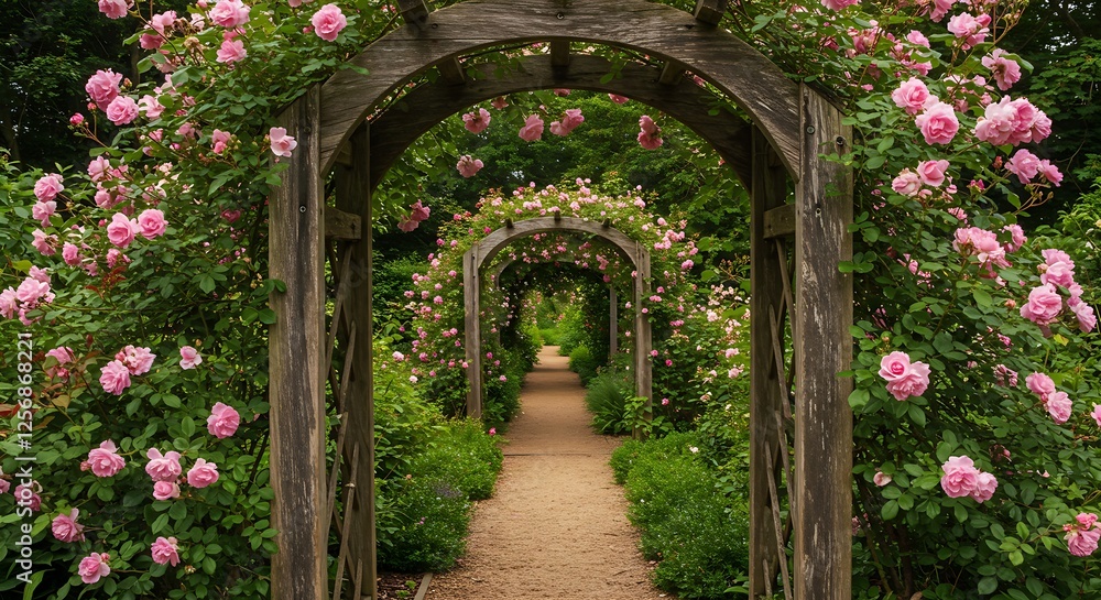 Fototapeta premium A wooden arch covered in climbing roses creates a dreamy entrance to a beautiful garden.