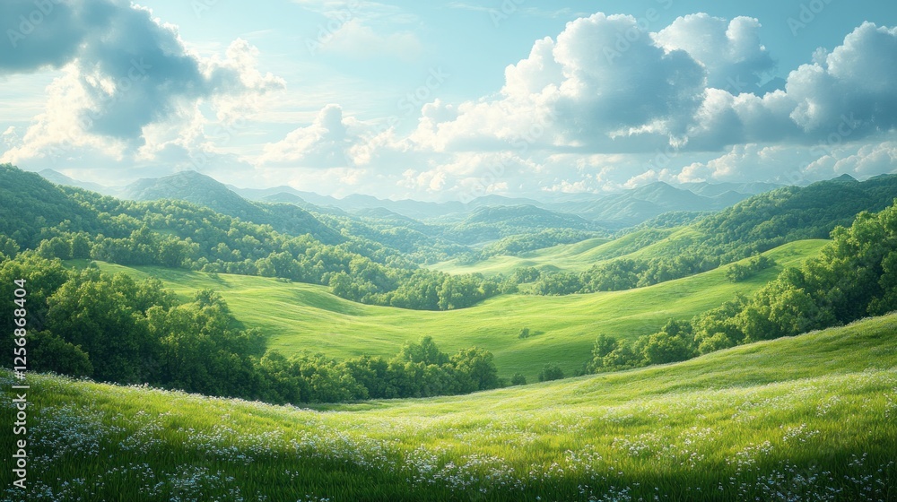 Fototapeta premium lush green hills landscape with dappled sunlight in impressionist style nature meadow countryside