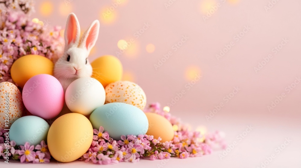 Cute Bunny Surrounded by Colorful Easter Eggs and Flowers. Generative AI Cute Bunny Surrounded by Colorful Easter Eggs and Flowers. Generative AI