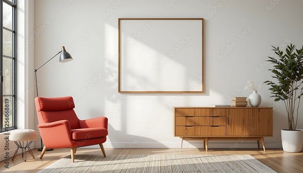 Modern living room interior design with red armchair, wooden sideboard, and large blank frame mockup
