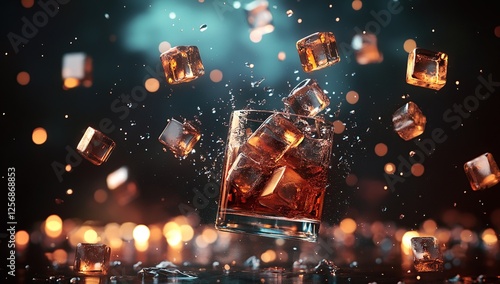 Wallpaper Mural Ice Cubes Falling into a Glass of Amber Liquid, Sparkling Drinks, Refreshing Beverage, Boozy Cocktail, Chilled Whiskey, Festive Drinks Torontodigital.ca