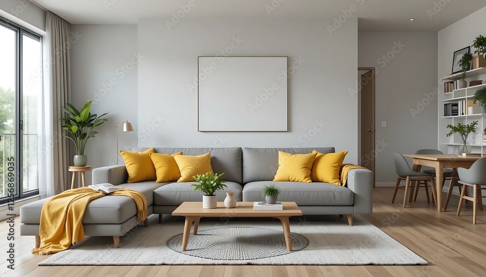 Modern living room interior design with gray sectional sofa, yellow throw pillows and blanket, wooden coffee table, and large artwork