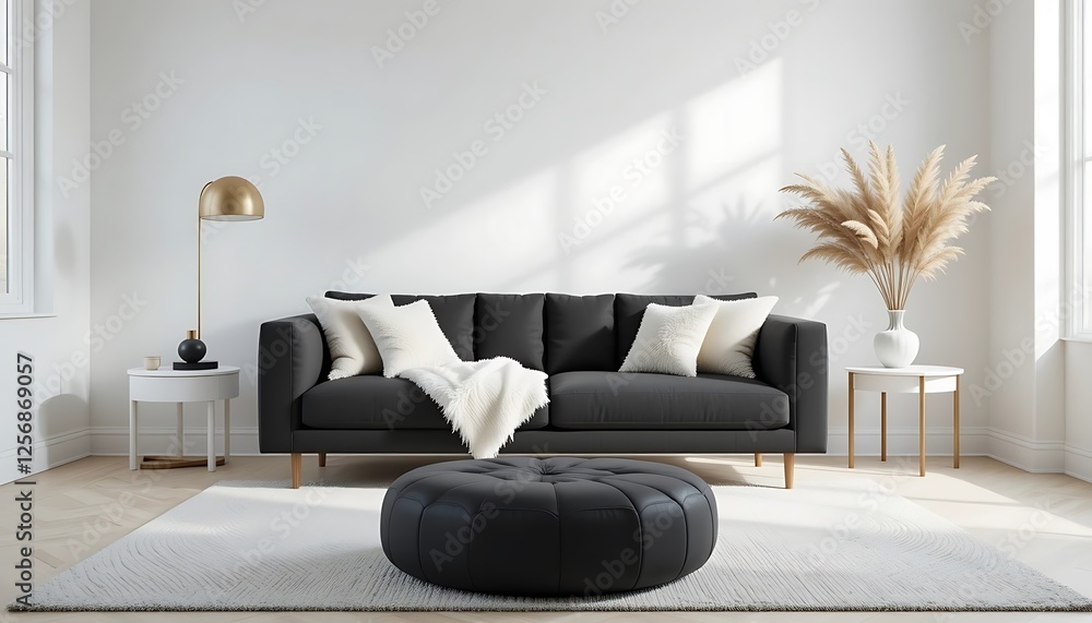 Modern minimalist living room interior design with black sofa, white rug, and pampas grass