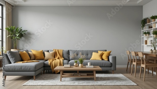 Modern living room interior design with gray sectional sofa, yellow pillows, wooden coffee table, and neutral rug