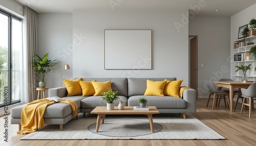 Obraz na płótnie Modern living room interior design with gray sectional sofa, yellow throw pillows and blanket, wooden coffee table, and large artwork w salonie