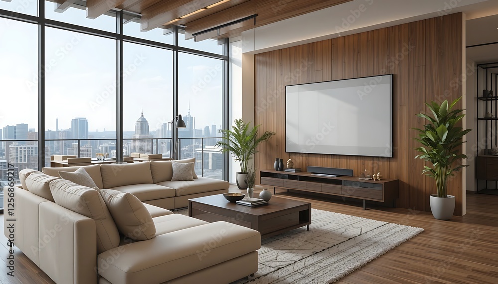 Modern Luxury Apartment Living Room with Panoramic City View and Large Screen TV