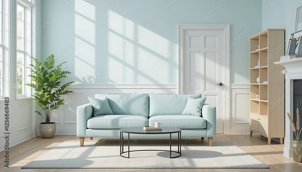 Light and airy living room interior design with pale blue sofa, wooden bookcase, and white walls