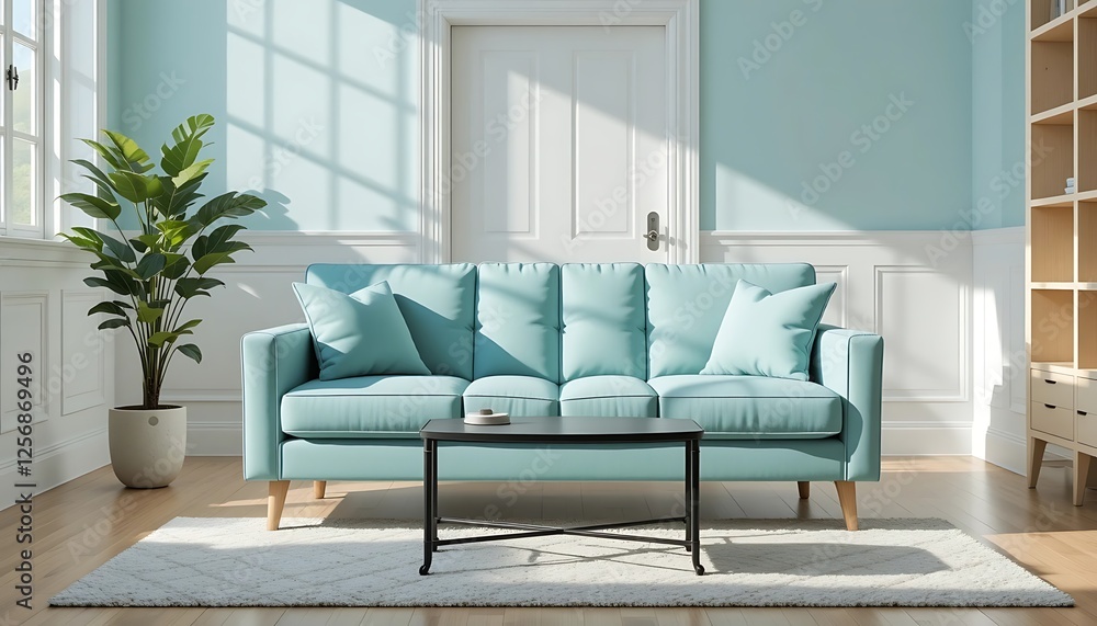 Light Blue Sofa in Sunlit Living Room with White Walls and Wooden Floors