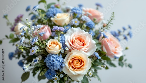 Close up image of a bouquet of flowers in pastel shades rose and in the white background. The main roses are orange, but, Roses are a mix. The flowers are arranged in a bouquet style. The style is