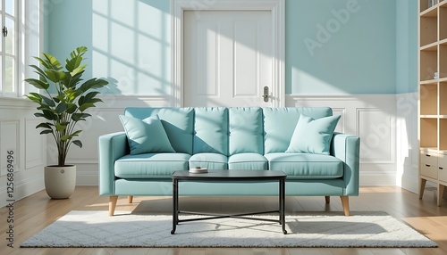 Obraz na płótnie Light Blue Sofa in Sunlit Living Room with White Walls and Wooden Floors w salonie