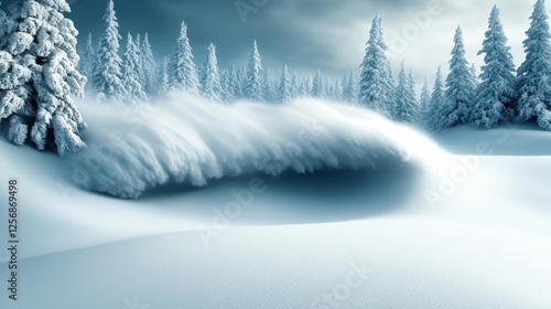 Snowy Landscape with Flowing Snow and Trees in Winter. Generative AI photo