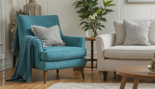 Obraz na płótnie Teal armchair and off-white sofa in a cozy living room with wooden floor, plants, and throw blankets. w salonie