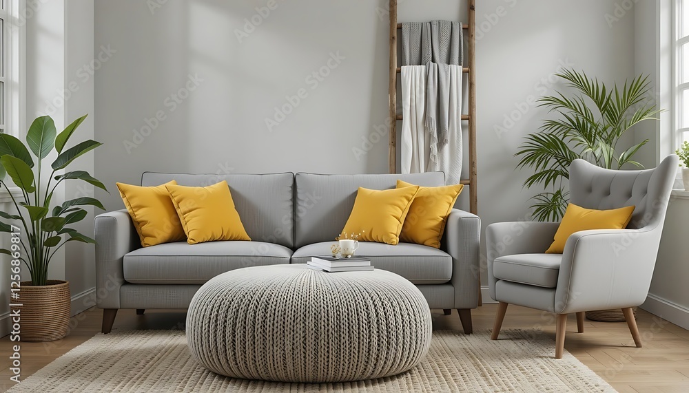 Modern Living Room Interior Design with Gray Sofa, Yellow Pillows, and Knitted Pouf