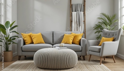 Obraz na płótnie Modern Living Room Interior Design with Gray Sofa, Yellow Pillows, and Knitted Pouf w salonie