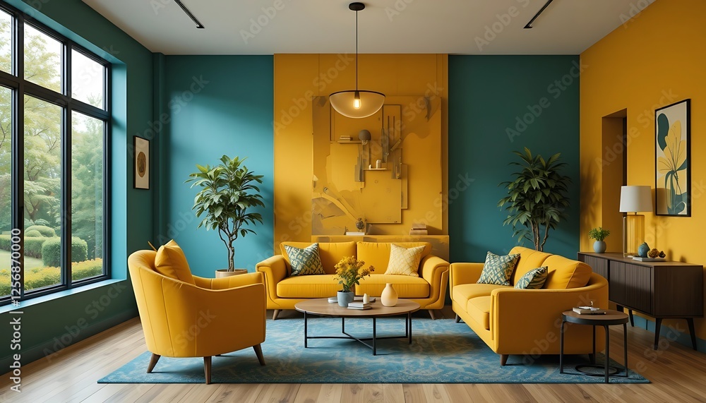 Mustard Yellow and Teal Living Room Interior Design with Modern Furniture and Large Window