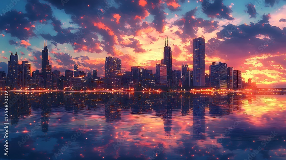 Obraz premium A breathtaking anime view of the Chicago skyline at dusk, the city glowing with golden lights, reflections glimmering on the tranquil waters of Lake Michigan,