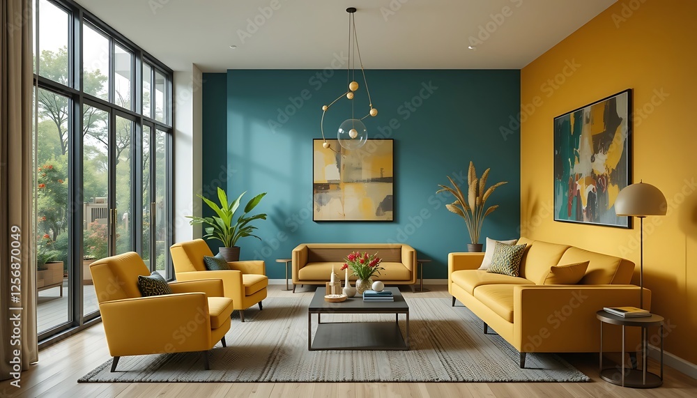 Modern Living Room Interior Design with Mustard Yellow Sofa and Teal Accent Wall