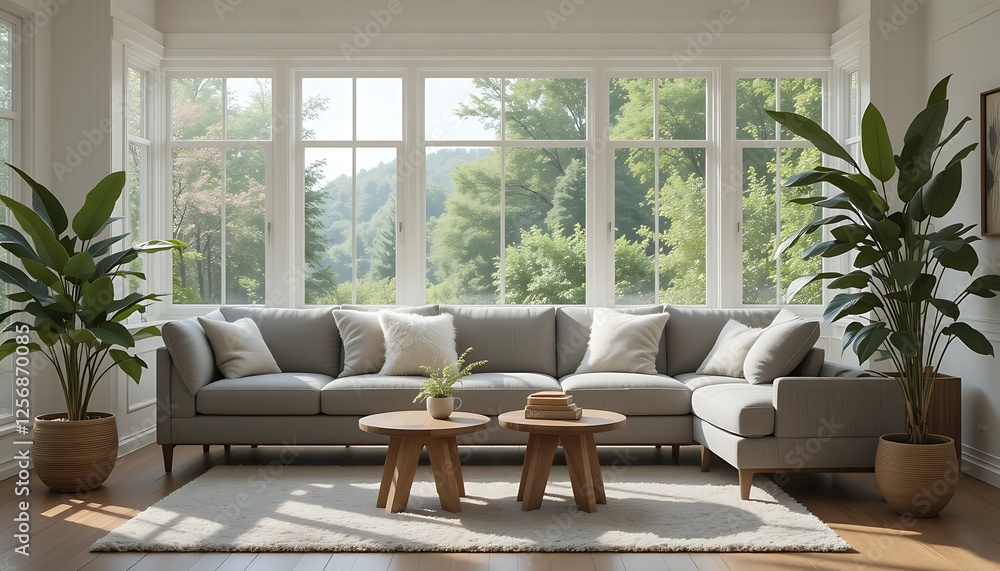 Serene Living Room with Sectional Sofa, Large Windows, and Lush Greenery