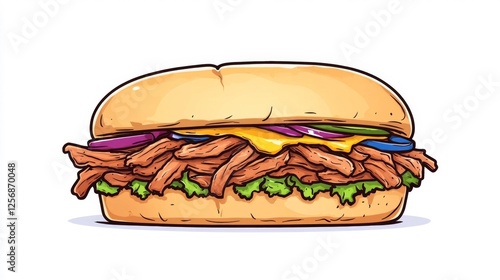 Delicious shredded meat sandwich with lettuce cheese and colorful toppings. Generative AI photo