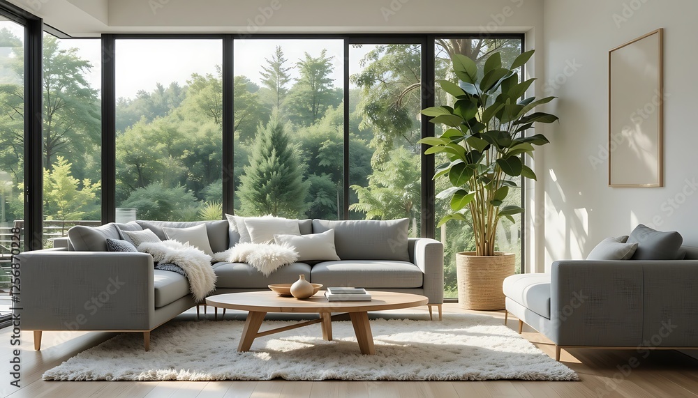 Modern minimalist living room with grey sectional sofa, large windows overlooking lush forest, and a cozy neutral rug