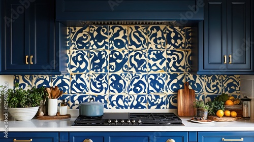 A backsplash with patterned, painted tiles adding character to a modern kitchen.