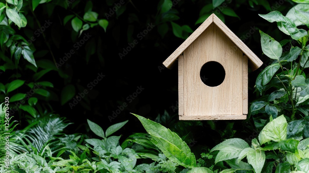 Wooden birdhouse in lush green foliage Wooden birdhouse in lush green foliage