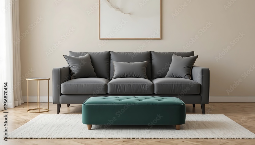 Modern Living Room Interior Design with Teal Velvet Ottoman and Grey Sofa
