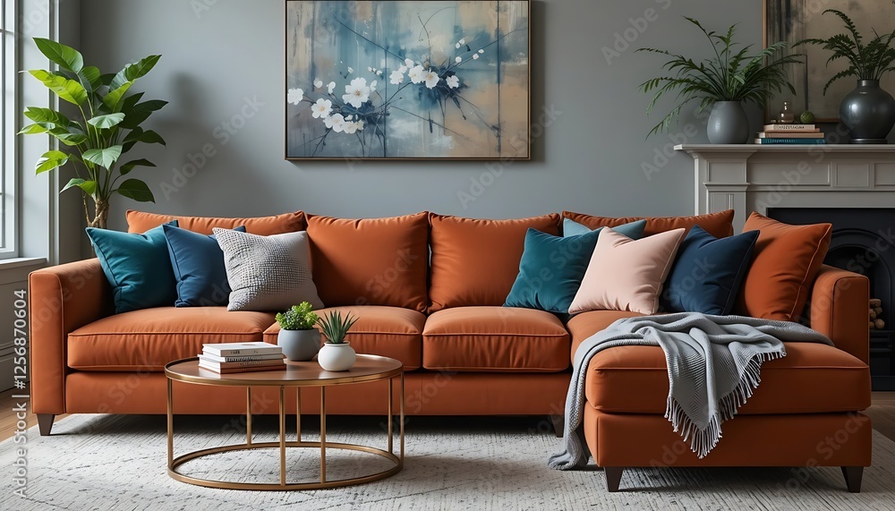 Modern burnt orange velvet chaise lounge sectional sofa in a stylish living room